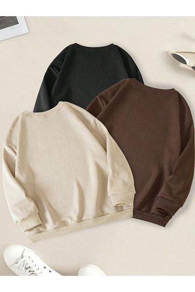 EXPECTED Унисекс суитшърт Oversize от 3 бр. - кафяв, черен, бежов, кръгла яка