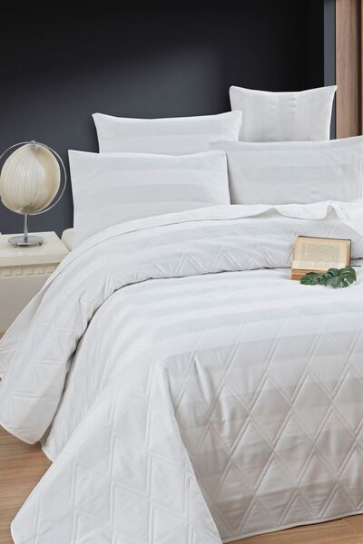 Enlora Home Max Yollu Saten Çok Amaçlı Örtü Çift Kişilik Beyaz