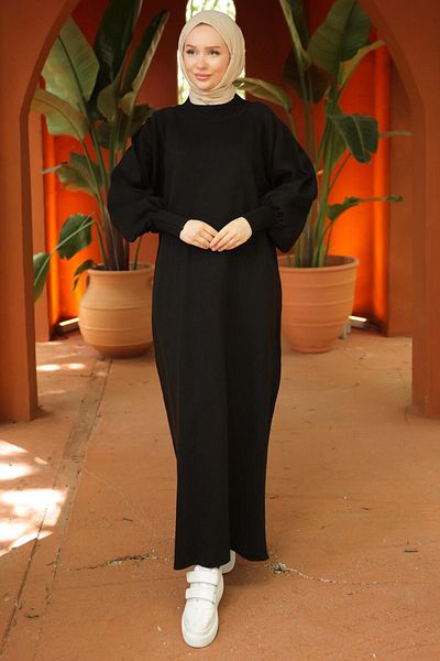 hafsamina Black Balloon Sleeve Knitwear Dress - Hm2522
