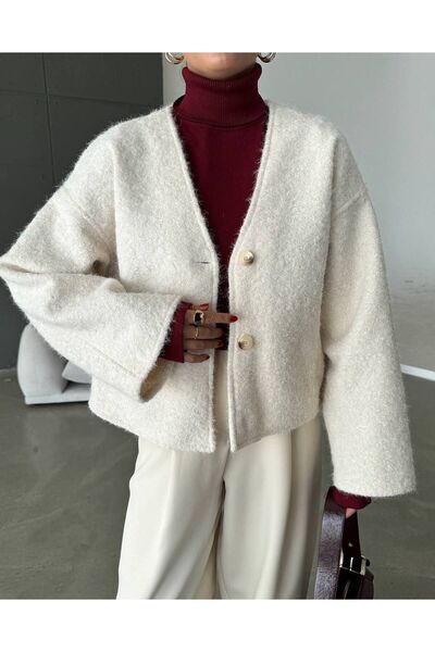 Zey Studio Women's Ecru Gray V-Neck Double Button Detailed Stamp Jacket