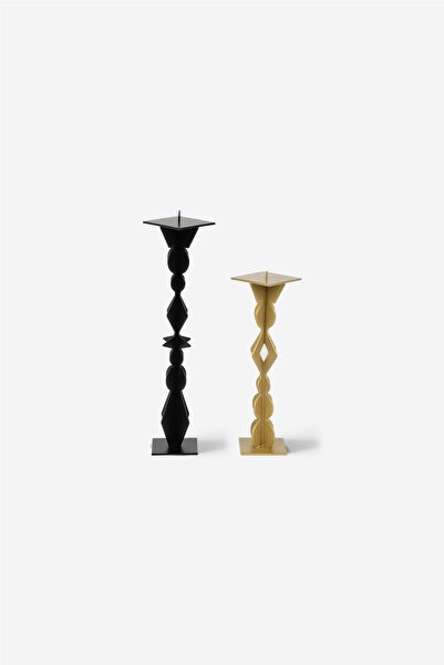 Genel Markalar Metal Şamdan Mumluk Set - Siyah Gold Mum Standı - Dolce Set