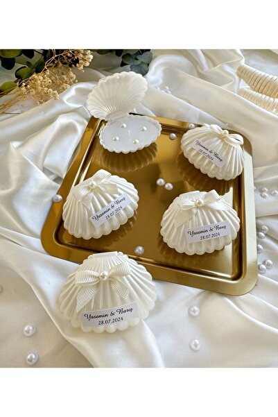 Gami Handmade İnci ve Fiyonk Detay Sedefli İstiridye Mum Söz, Nişan, Nikah, D...