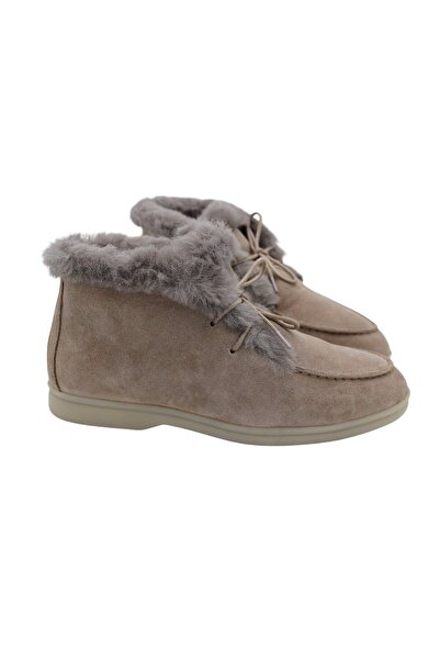 a ayak&kabım official Genuine Leather Beige Suede Sheepskin Lace up Women's B...