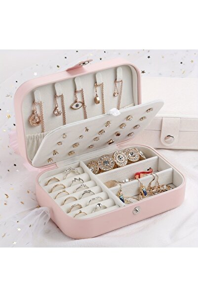 Genel Markalar Lüx Takı Kutusu 3 Bölmeli Mücevher Düzenleyici Yüzük Küpe Kolye Organizeri Pembe