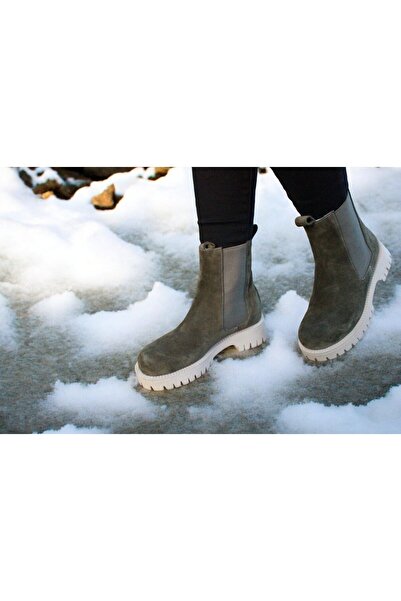 aayak&kabımofficial Gerçek Deri Haki Süet Günlük Kadın Chelsea Bot