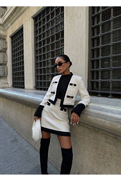 manana fashion Set de fuste jachete scurte din tweed cu dungi negre cu nasturi