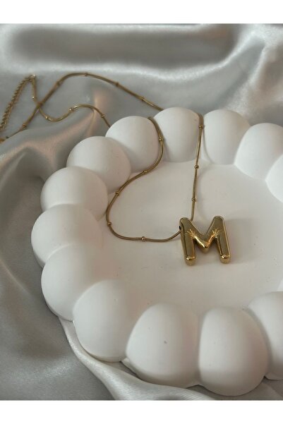 staınless steel ÇELİK (M) HARF DETAYLI BALON KOLYE GOLD RENK (kararma ve solma yapmaz)