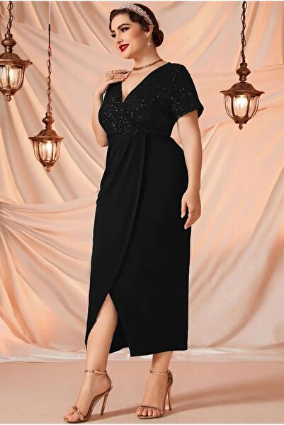 FOR ESRA BIG TREND Rochie de seară elastică, cu mânecă scurtă, cu paiete, cu decolteu dublu, pentru femei