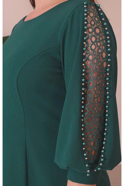 For Big Trend Women's Plus Size Sleeve Pearl Low-cut Detail Pencil Cut Flexible Midi Length Woven Evening Dress