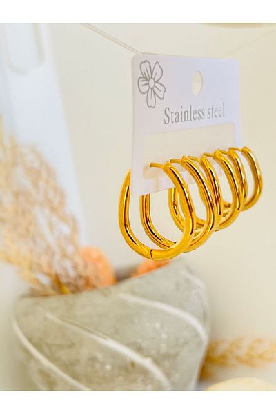 KOALA COMPANY Set of 3 Steel Gold Colored Ovak Earrings - 3 Sizes, Not Allergic