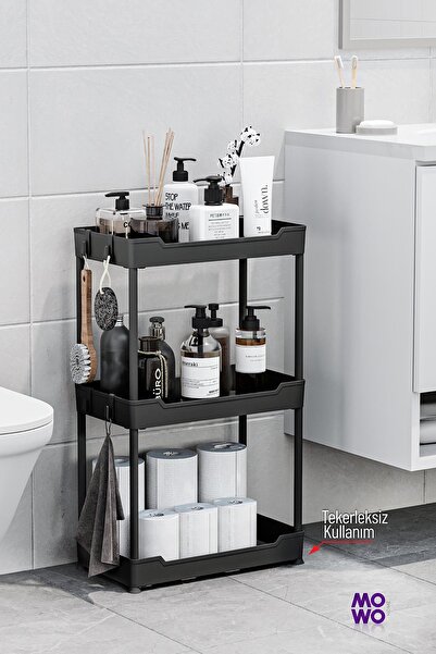 Mowo Home Mowo 3 Katlı Siyah Tekerlekli Banyo Rafı, Mutfak Rafı, Havluluk, Deterjanlık Makyaj Organizer Vesken