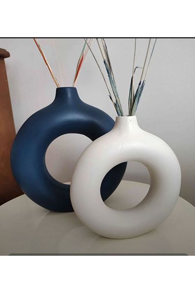 BLANJ Dark Blue-Cream Decorative 2-Piece Ring Vase