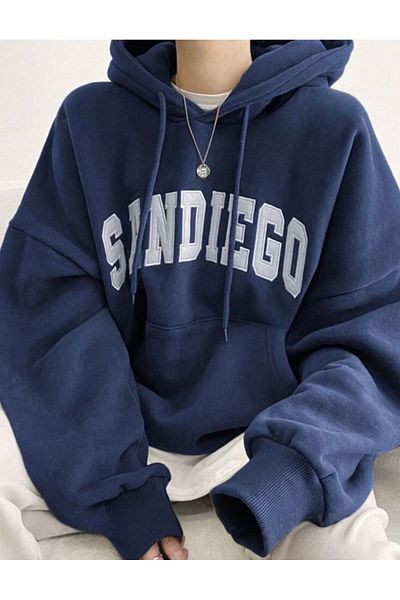NoVibe Sandıego Printed Navy Blue Hooded Sweatshirt