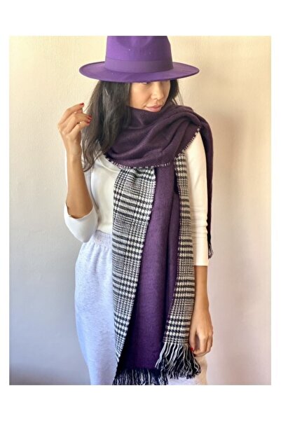MSA Çift Taraflı Kare Desenli Mor Atkı Şal