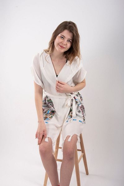 HİLAL COLLECTİON Viskon Basement Pattern Vest Seaside Town Belted Beach Dress 1Pc Hooded