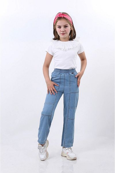 Kamex Fata - Pantaloni cu buzunare cu talie elastica Ice Blue