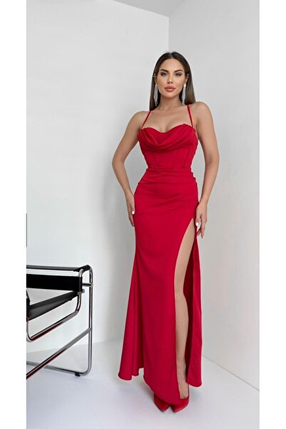 my bestt butik Kadın degaje yaka kırmızı korseli abiye/düğün/mezuniyet elbise