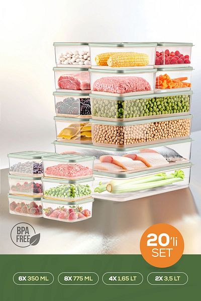 Vienev Mint 20-Piece Refrigerator Organizer - Microwavable Freezer Storage Container
