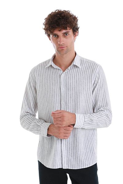 Hatemoğlu Μακρυμάνικο λινό πουκάμισο σε γκρι Comfort Fit ριγέ λεπτή λαιμόκοψη