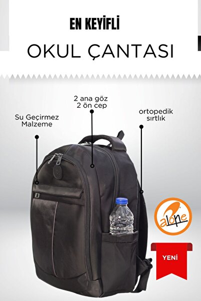 Alone Okul Sırt Çantası | 7510 Siyah Suya Dayanıklı Sırt Çantası