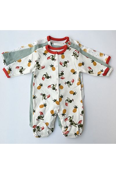 Mıdırık Toucan Bird Pineapple Patterned 3 Piece Jumpsuit Set with Booties