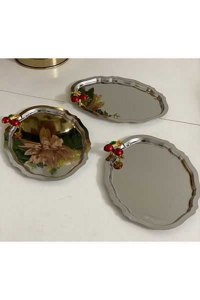 Elzemm store 15*21 Cm Stainless Steel Oval Model - 6 Pieces Medium Size Tray, Cherry Accessory Presentation
