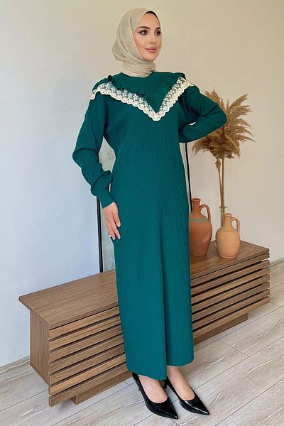 julude Σμαραγδένιο Πράσινο Ριγέ Πλεκτό Φόρεμα Hijab - Crew Neck και Λεπτομέρεια Φιστό