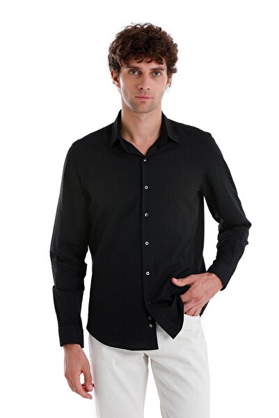 Hatemoğlu Cămașă sport neagră Comfort Fit, 100% bumbac, cu guler subțire, cu mânecă lungă