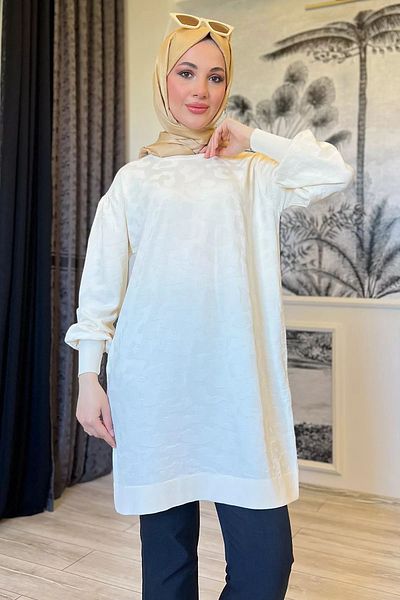 julude Crew Neck Cream Hijab Knitwear Tunic - με σχέδιο