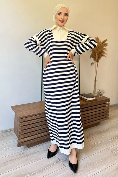 julude Γυναικείο Πλεκτό Φόρεμα Hijab Ριγέ Κρεμ Μπλε - Μισό Φερμουάρ
