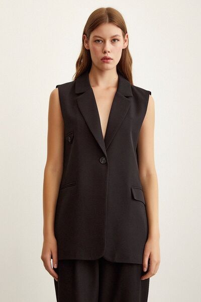 Never more Black Long Vest with Three Buttons and Pocket Cover