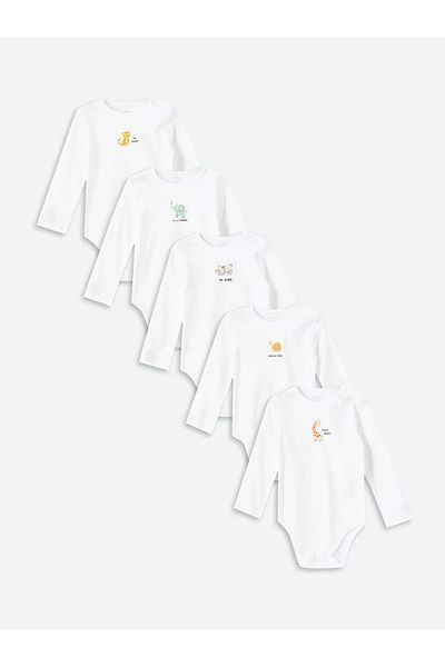 LC Waikiki Lcw Baby - Ecru Crew Neck Printed Snap Body for Baby Boy Set of 5