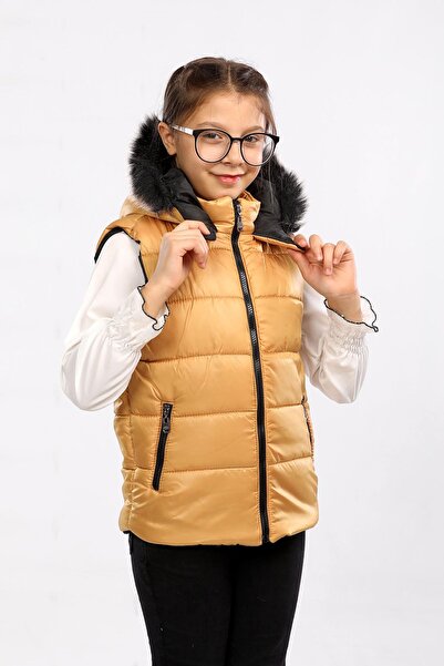 Go Veform Mustard Fur Hooded Children's Puffer Vest - Avm07273
