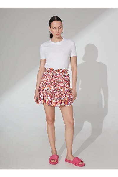 People By Fabrika Yüksek Bel Çok Renkli Kadın Desenli Mini Etek Sargod-3