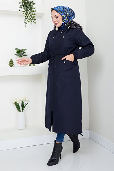 ModaMerve Trenci Bondit cu glugă din blană - MSS0831-M Navy