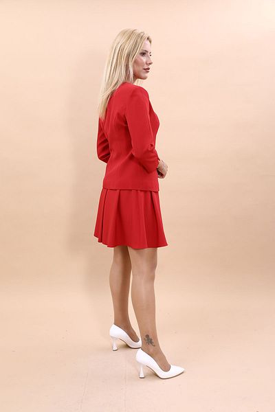 ÖNDER ÖZSOY Red V-Neck Short Jacket and Short Flared Skirt Set