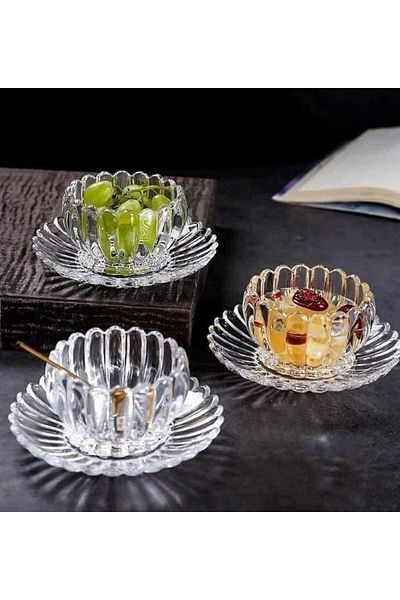 DİBA AVM 12 Piece Crystal Glass Snack Bowl and Presentation Set - Dessert Plate