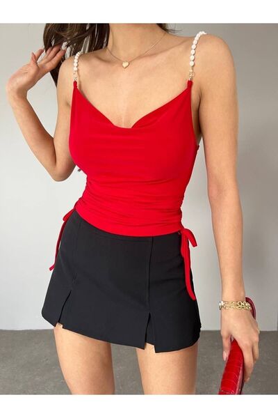 Piovere Butik Kırmızı İnci Detay Degaje Dökümlü Yaka Yanları Büzgülü Bluz