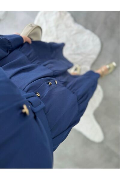 Butik Lacivert Gold Düğme Detaylı Mass Elbise