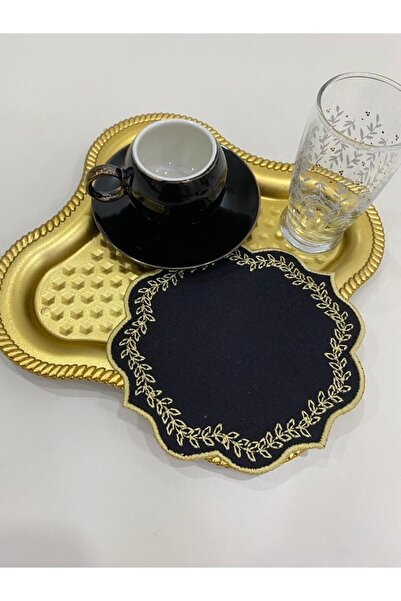 İNCİ ÇEYİZ 6 Adet Keten Kumaş Üzeri Yaprak Desen Nakışlı Kahve Yanı Kokteyl Peçetesi & Bardak Altlığı.