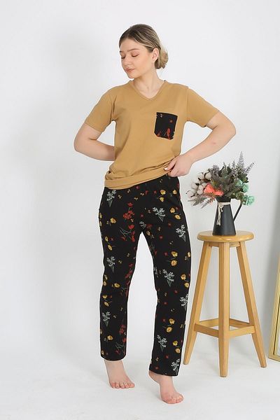 Akbeniz Mustard Women's Pajama Set - Short Sleeve, Cotton Combed 4214