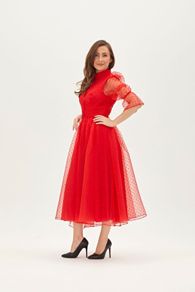 ALİS DRESS PUANTİYE VE SİMLİ BELİ DÜĞMELİ NAR ÇİÇEĞİ ABİYE