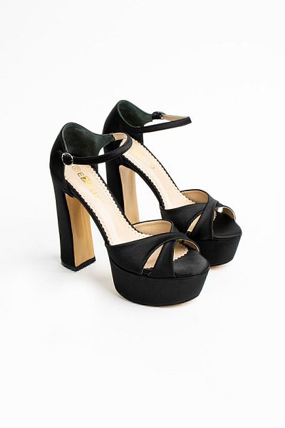 Exello Pantofi de seara din satin negru cu platforma inalta cu captuseala moale