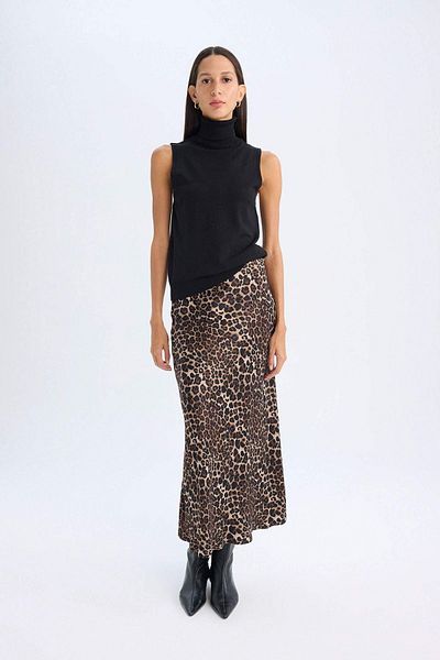 DeFacto A-Linie Satin-Midirock mit Leopardenmuster und normaler Taille 3175633