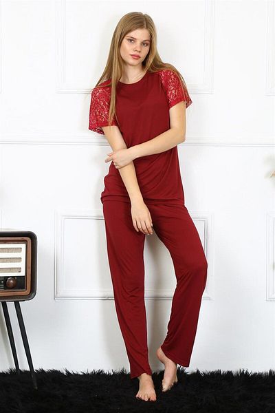 Akbeniz Set pijamale de damă din bumbac pieptănat cu mâneci din dantelă - 4152