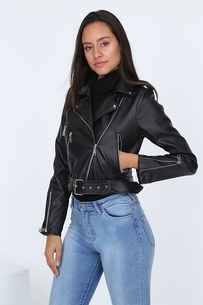 TEORA FASHION Schwarze Damen-Lederjacke mit Gürtel E2023