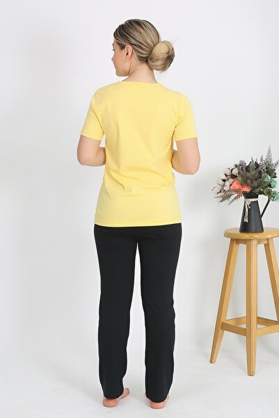 Akbeniz Kadın Kısa Kol Pamuk Penye Pijama Takım Sarı 4215