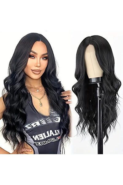 AKOLİFE Siyah Dalgalı Uzun Peruk - Gerçek Saç Dokusu