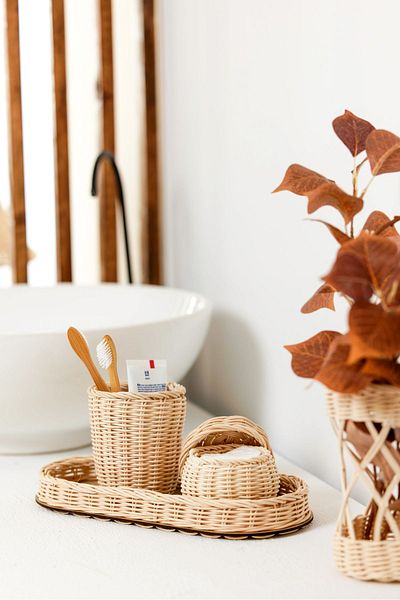 Maison Avf Rattan Bamboo 3 Piece Bathroom Set - Toothbrush Holder, Organizer Basket, Cotton Holder