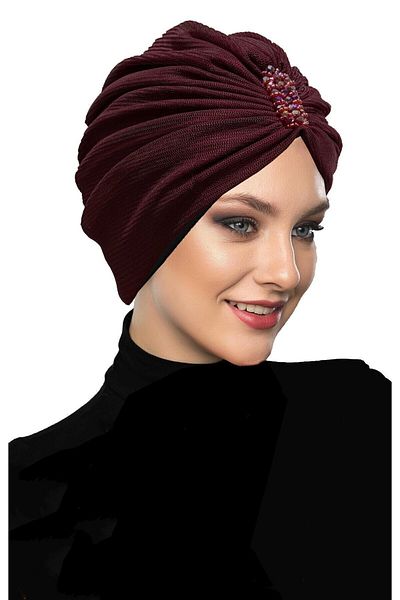 fidan bone Design Tulle Crystal Stone Embroidered Double Sided Lined Claret Red Ready-made Hijab Hijab Evening Dress Bonnet